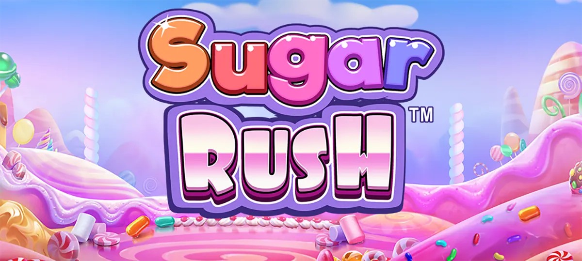 Sugar Rush slot title banner with large pastel “Sugar Rush” lettering outlined in purple over a candy-land background of pink frosting hills, lollipops, and scattered sweets.