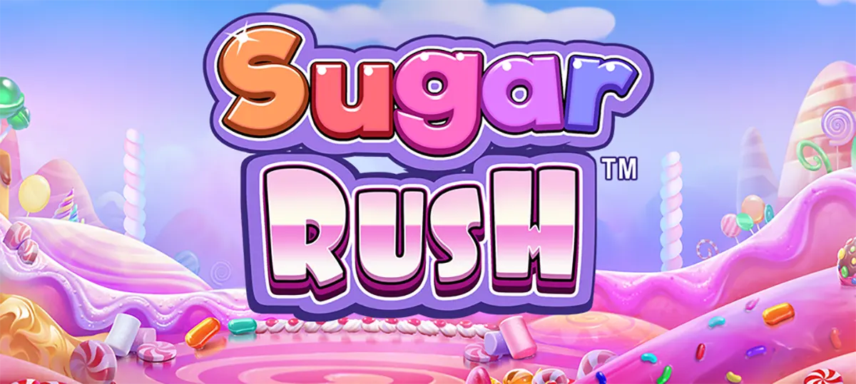 Sugar Rush slot title banner with large pastel “Sugar Rush” lettering outlined in purple over a candy-land background of pink frosting hills, lollipops, and scattered sweets.