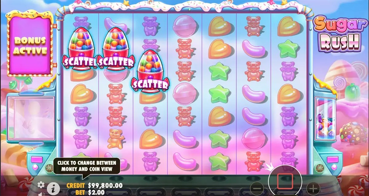Sugar Rush slot game screen showing colorful candy reels with gummy bears, stars, hearts, and jelly beans, three rocket-shaped “Scatter” symbols on the left reels, a “Bonus Active” panel, and the pastel candy-themed interface with credit and bet controls at the bottom.