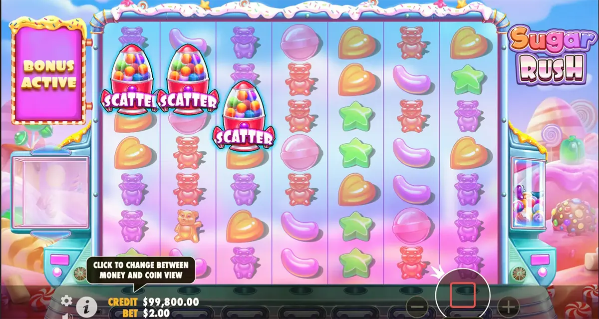 Sugar Rush slot game screen showing colorful candy reels with gummy bears, stars, hearts, and jelly beans, three rocket-shaped “Scatter” symbols on the left reels, a “Bonus Active” panel, and the pastel candy-themed interface with credit and bet controls at the bottom.